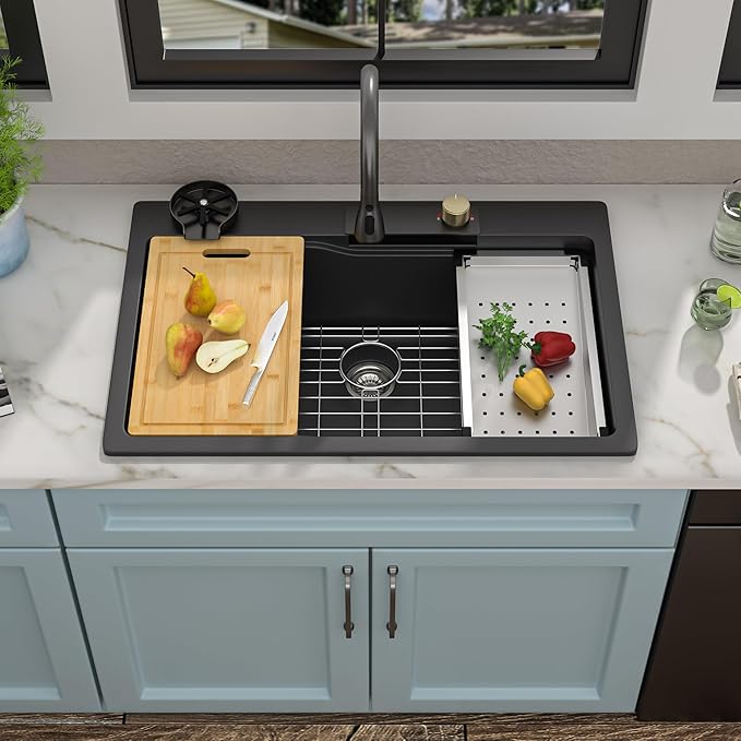 33"x22" Waterfall Kitchen Sink Workstation - Matte Black Granite Composite Quartz Classic Drop In Topmount Single Bowl Smart Waterfall Sink with Faucet Combo & Glass Rinser