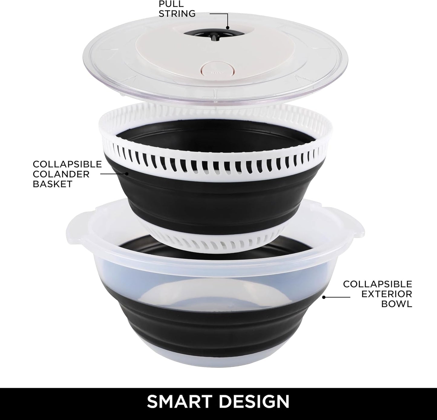 COOK WITH COLOR Collapsible Salad Spinner - 4 QT Space Saving Lettuce Dryer with Folding Collapsible Colander Great for Washing and Drying Fruit and Vegetables (Black)