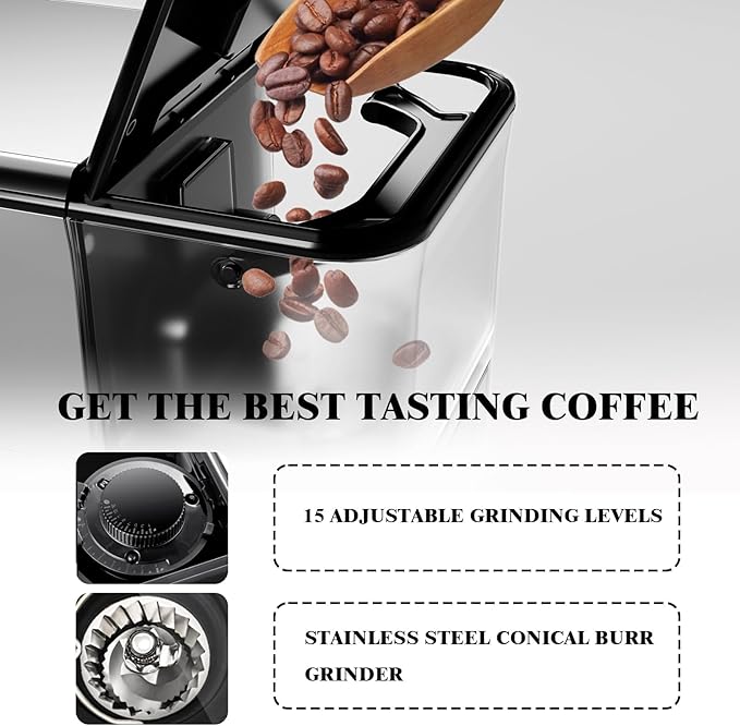 Fully Automatic Espresso Machine with Smart TFT Touchscreen, Brewing System and Automatic Milk Frothing System, 6 One-Touch Programs, 1.5L Detachable Water Tank for Home/Office Use, Grey