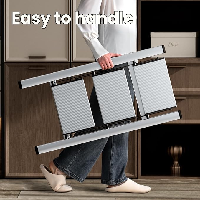 HillhutApex 3 Step Stool, Aluminum Foldable Step Ladder, Lightweight Stable Stool with Wide Non-Slip Pedals, 330lbs Bearing Capacity Ladder for Office,Home,Kitchen - Silver