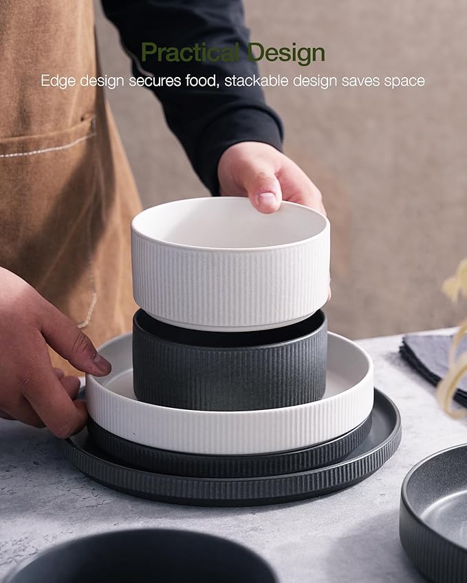 Famiware Star Dinnerware Set, Plates and Bowls Sets for 4 (12pcs), Ribbed Stoneware Dishes - Chip & Scratch Resistant, Microwave & Dishwasher Safe, Multicolor - Matte White & Matte Dark Charcoal