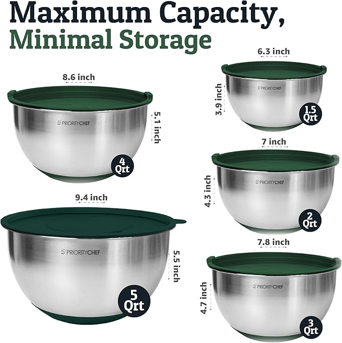 Priority Chef Stainless Steel Mixing Bowls with Lids Set, 3 Grater Attachments, Airtight Lids, Non-Slip Silicone Base Mixing Bowl Set, Large Prep Metal Mixing Bowls for Kitchen, Green
