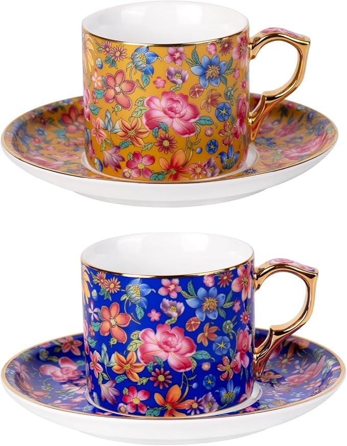 KAMMAK Tea Cups and Saucers Set of 2, Ceramic Coffee Cup with Saucer for Espresso, Cappuccino, 7oz Vintage Yellow and Blue Floral Porcelain Demitasse Mug for Home, Tea Party, Office