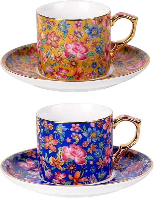 KAMMAK Tea Cups and Saucers Set of 2, Ceramic Coffee Cup with Saucer for Espresso, Cappuccino, 7oz Vintage Yellow and Blue Floral Porcelain Demitasse Mug for Home, Tea Party, Office