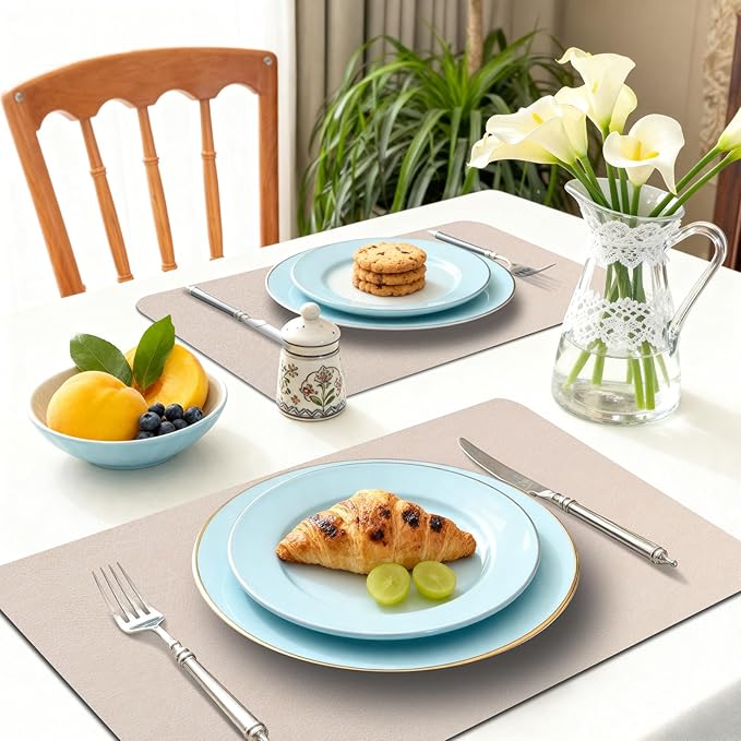 Vinyl Placemats Set of 6-12×17.7 Inch Waterproof & Heattable Placemats, Fall Faux Leather Wipeable Outdoor Table Mat for Dining, Kitchen, Indoor Outdoor Use (Beige, Cowhide Grain)