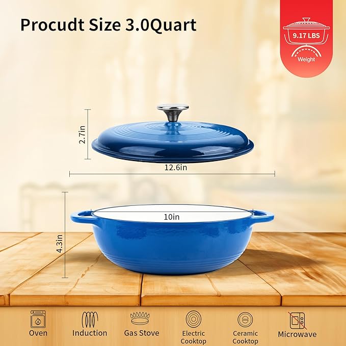 Enameled Cast Iron Dutch Oven Pot with Lid, 3 Quart Shallow Dutch Oven, Oven Safe up to 500° F, Suitable for Bread Baking, Braising, Roasting, Stews, Blue