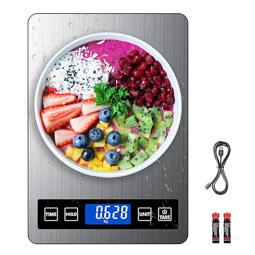 Food Scale Rechargeable, 22lb Digital Kitchen Scale Weight Grams and oz with Timer & Hold Function for Cooking Baking, 1g/0.1oz Precise Graduation, Stainless Steel and Tempered Glass