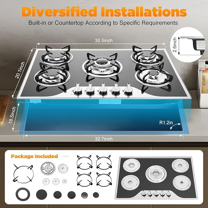 30 inch Gas Cooktop, 5 Burners Built-in Gas Stove with Push-button Rotary Switch, NG/LPG Convertible Cooktop for Home, Kitchen, Apartments and RV