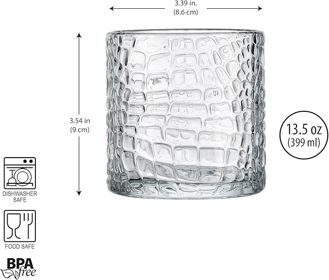 Glaver's DOF Set of 4 Clear 13oz Drinking Glasses Crackle Textured Design Double Old Fashioned Whiskey Glasses Home Everyday Bar Glassware