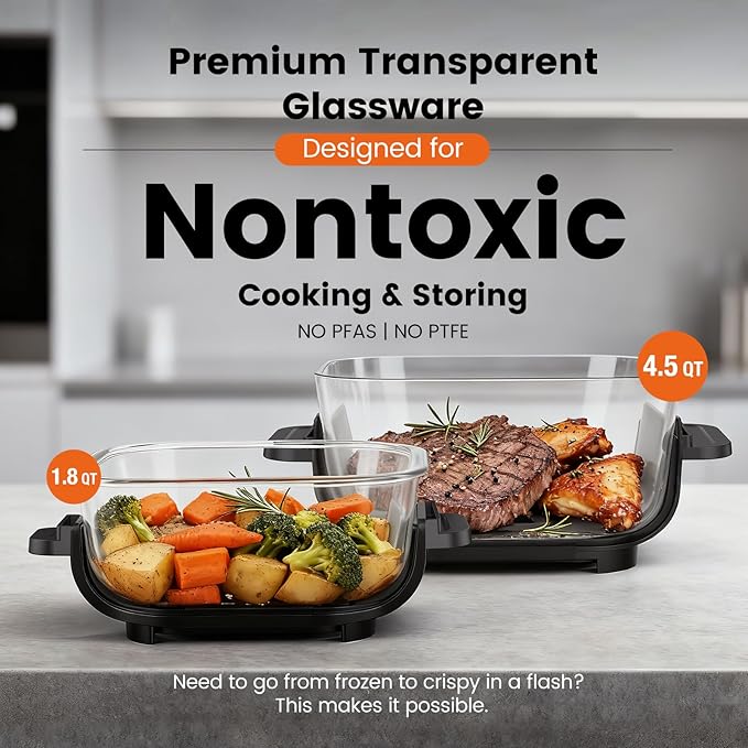 Kismile Air Fryer, 4-in-1 Portable Glass Air Fryer Cooking System, 4.5QT & 1.8QT Glass AirFryer Containers with Storage Lids, Air Fry, Grill, Bake, Roast, Microwave, Freezer & Dishwasher Safe, 1550W