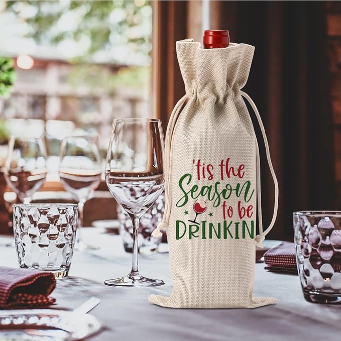 FBCCZEY Christmas Wine Bag Merry Christmas Wine Bottle Gift Bags With Drawstring Xmas Party Decorations Gifts for New Year Holiday Wedding Parties Tis The Season To Be Drinkin Bottle Wraps Bags