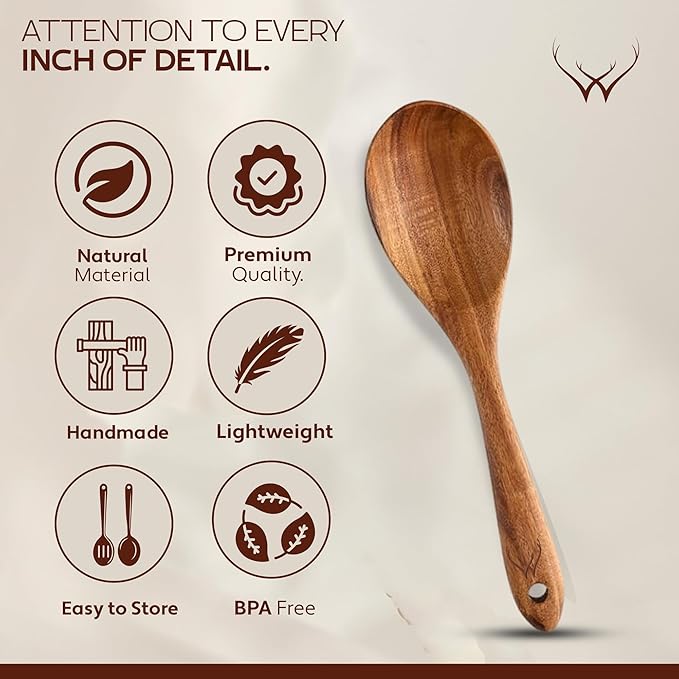 Premium Teak Wooden Spoon for Cooking 12” Long Handle - Cooking Utensils Set for Women & Chefs, Elegant Wooden Kitchen Utensil Set with Rest, Essential Wooden Utensil Set for Kitchen & Perfect Gifts