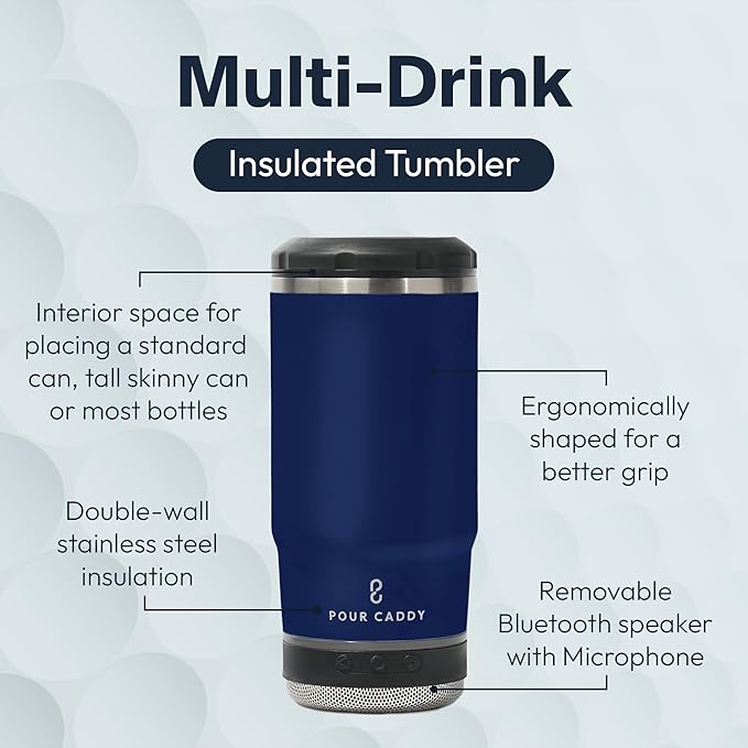 Chill & Brew, Insulated Can & Bottle Holder, Bluetooth Cup with Speaker, Fits 12 oz Cans, Skinny Cans, Most Bottles & Cold Drinks, Navy Blue