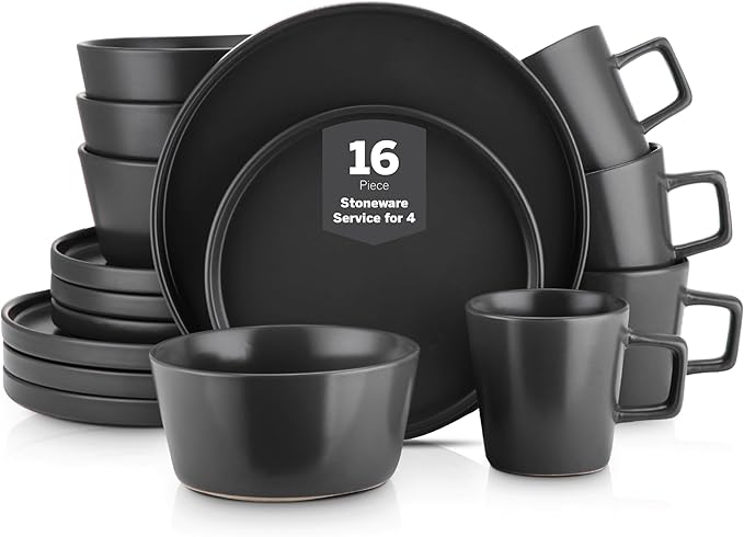 Stone Lain Celina Stoneware 16 Piece Dinnerware Set, Plates and Bowls, Black Matte Dish, Service for 4 – Minimalist Round Style, Microwave & Dishwasher Safe