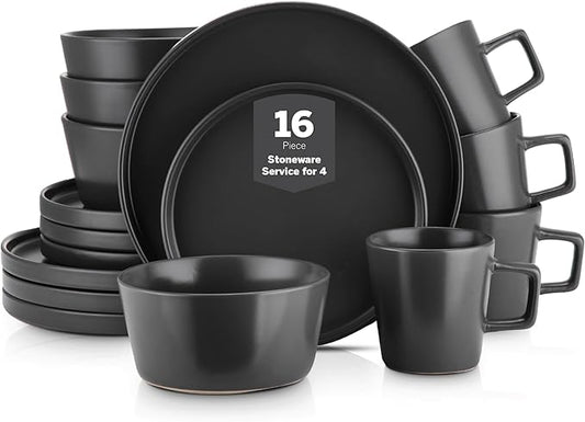 Stone Lain Celina Stoneware 16 Piece Dinnerware Set, Plates and Bowls, Black Matte Dish, Service for 4 – Minimalist Round Style, Microwave & Dishwasher Safe