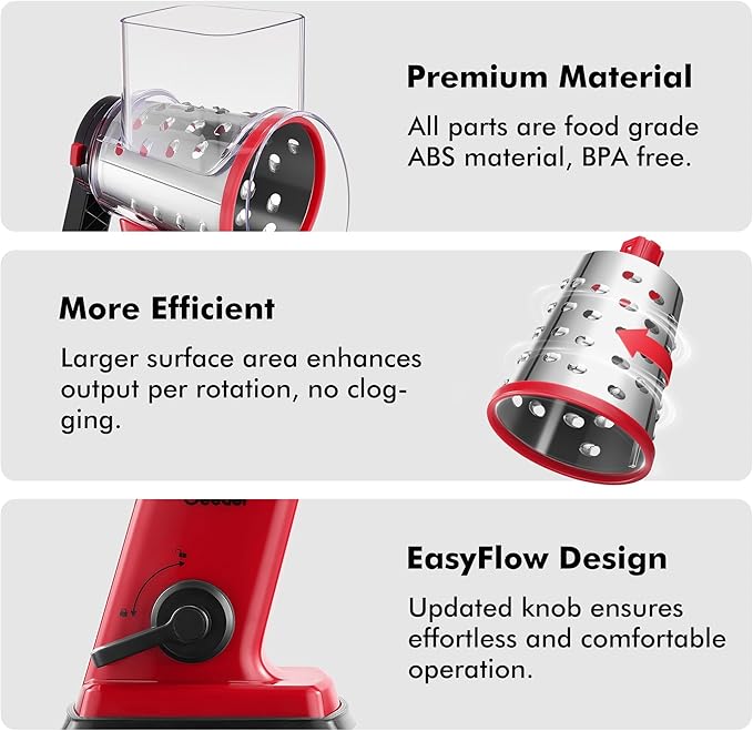 Geedel Rotary Cheese Grater - Upgraded Vegetable Shredder with 4 Interchangeable Blades, Easy to Clean Cheese Shredder with Handle, Kitchen Grater Nuts Grinder for Cutting Cheese, Vegetable, Nuts