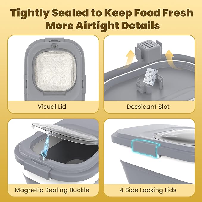 HOYTAMDA 25-35Lbs Rice Container,Collapsible Airtight Food Storage Containers with Wheels,Handle,Rice Storage Container with Small Bin and Scoop,Rice Dispenser for Flour Sugar Cereal Grain Dog Cat