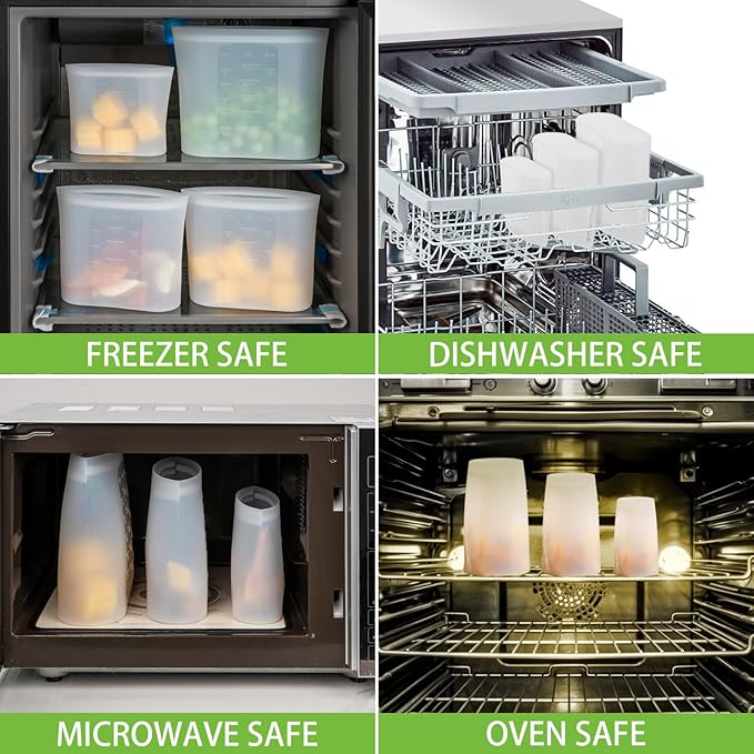 Reusable Silicone Food Storage Bags Quart 4 Pack, Stand Up Ziplock Reusable Freezer Sandwich Bag Containers for Food Travel, Freezer Microwave Oven Dishwasher Safe, Translucent, 33.8fl.oz