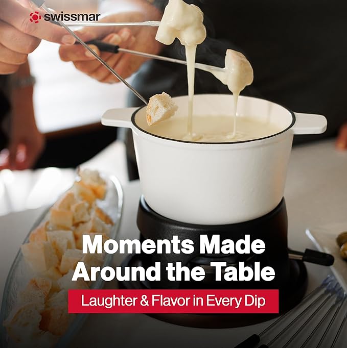 Swissmar Sierra Cast Iron Fondue Set, 1.6 Quart / 1.6 Liter – Perfect for Meat, Cheese, & Chocolate Fondues – Ideal for Family Bonding & Hosting Gifts - 12-Pieces, Matte White