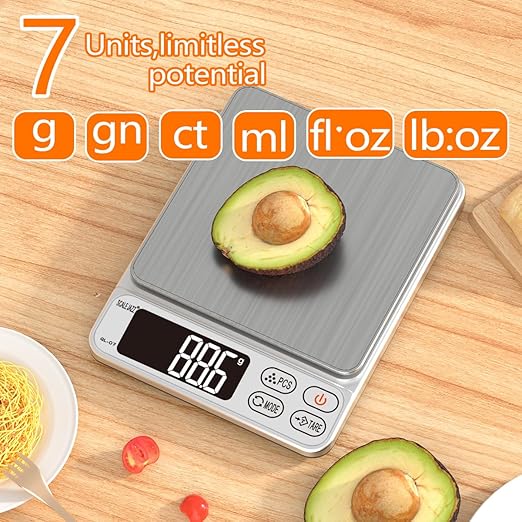 Mini Scale,6.6lb Scale for Grams,Digital Scale Food，Cooking Scale and Food Scales for Kitchen，Food Scale Grams and Ounces,Grams Scale,7Units,Auto Off,Tare,PCS,LCD Display