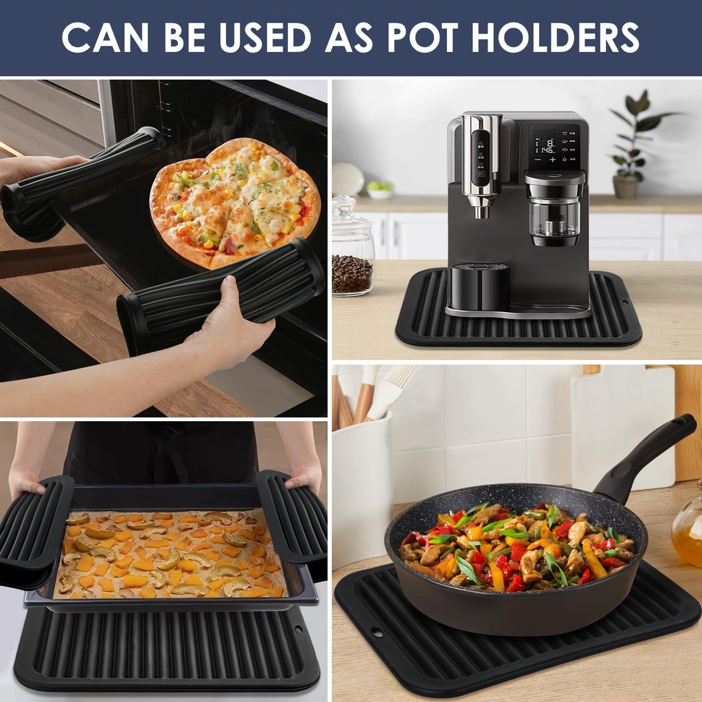 2 Pcs Silicone Trivets Black 16'' X 12'' Nonslip and Heat Resistant Hot Pads Trivets for Hot Pots and Pans Hot Pads for Kitchen(Black)