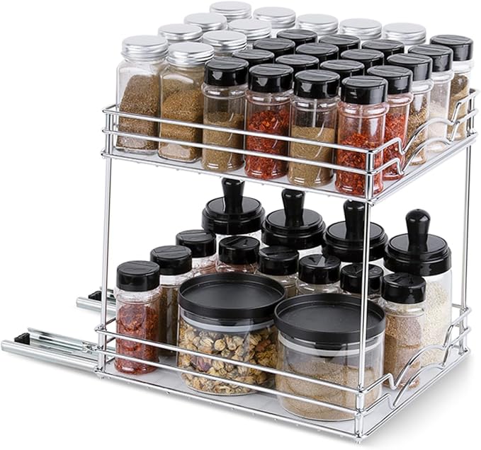 Healifty Heavy Duty Double Pull Out Spice Organizer Rack Slide Out Kitchen Countertop Storage Stand Metal Construction Space-saving Seasoning Holder for Cabinet and Home Use