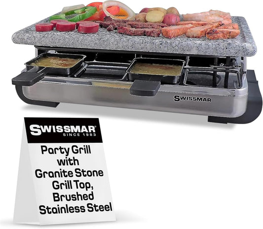 Swissmar Stelvio Raclette Party Grill with Granite Stone Non-Stick Grill Plate/Crepe Top, Outdoor & Indoor Electric BBQ Grill, Samgyupsal Griller - Brushed Stainless Steel - 8-Person - Silver