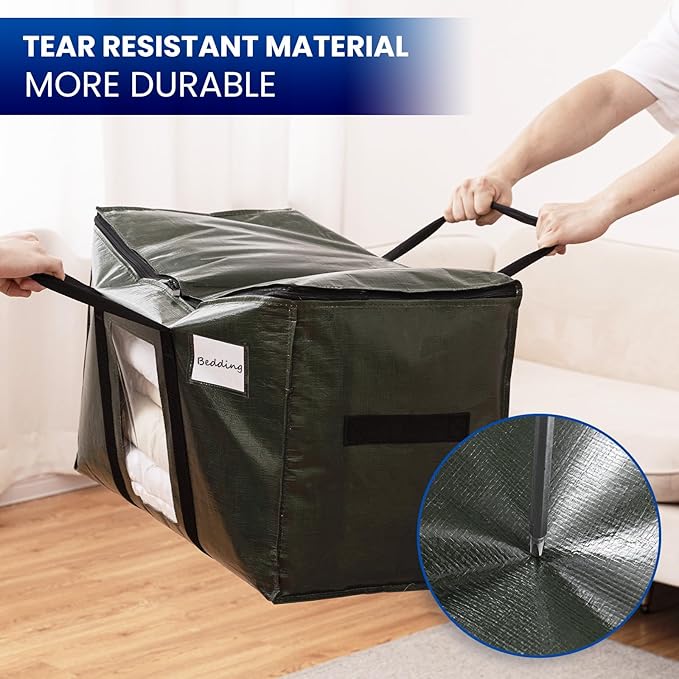 TAILI 4 Pack Green Extra Large Storage Bags, Heavy Duty Totes with Visible Window, Wrap Around Handles, Perfect for Moving