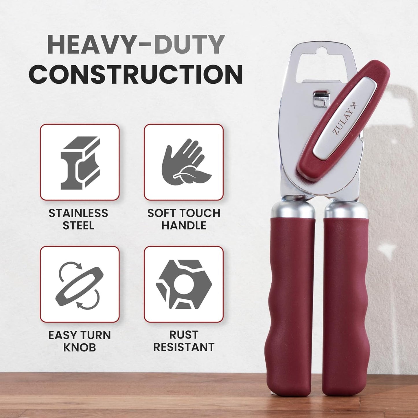 Zulay Kitchen Heavy Duty Stainless Steel Can Opener Manual with Bottle Opener - Rust Proof Manual Can Opener With Turn Knob & Comfy Soft Grip Handles - Deep Red