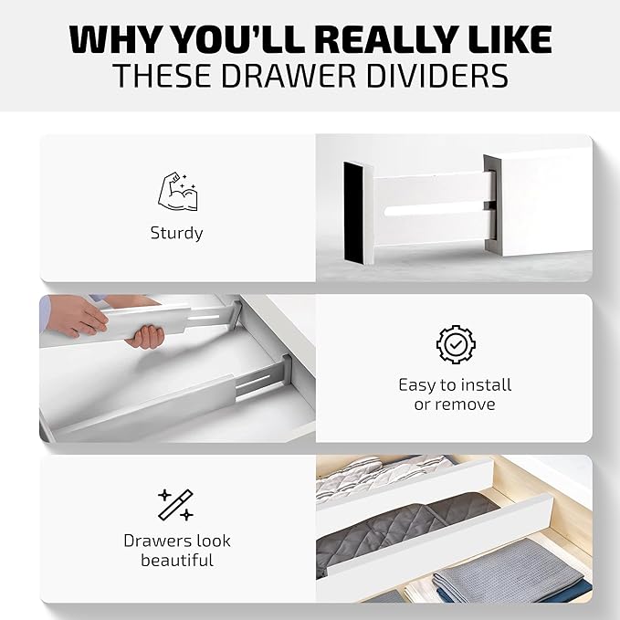 4 Pack Drawer Dividers Bamboo 2.6" High, 16-22" Adjustable Drawer Organizers for Clothes, Expandable Dresser Separators in Bedroom/Bathroom/Kitchen/Office Organization and Storage (White)