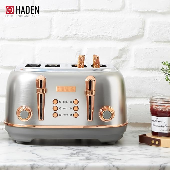 Haden Heritage 4 Slice Wide Slot Stainless Steel Toaster with Adjustable Browning Control & Non-Slip Feet, Steel & Copper