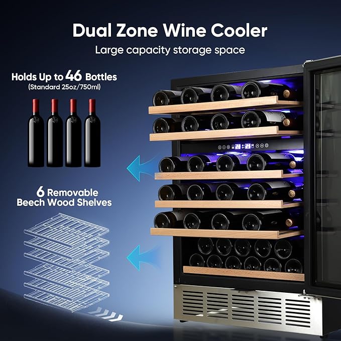 24 Inch Wine Cooler Refrigerator, 46 Bottle Dual Zone Wine Fridge with Stainless Steel Glass Door, Adjustable Shelves, Upgraded Compressor, Built-In Freestanding for Home, Bar, Kitchen