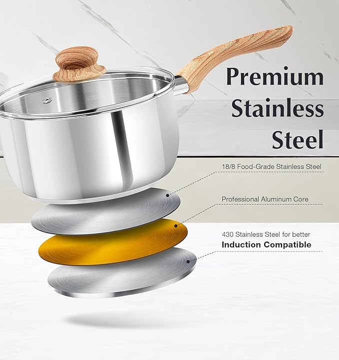 KOCH SYSTEME CS Stainless Steel Saucepan, 1 Quart Saucepan with Lid & Heat-resistant Bakelite Handle, Tri-ply Bottom Steel Sauce Pan with Lid, Induction Ready, Stainless Steel Pot 1QT