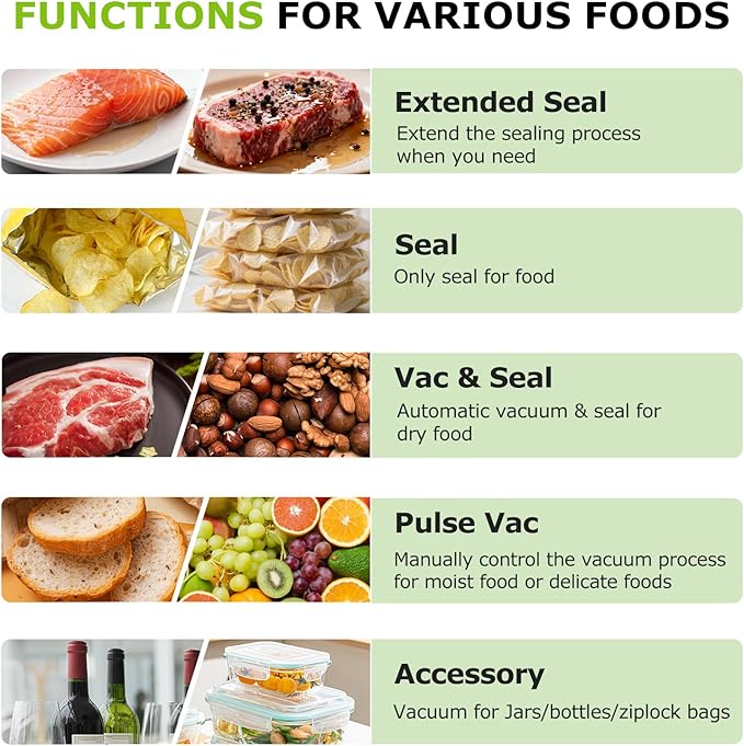 Bonsenkitchen Vacuum Sealer for Food, Easy-Lock Handle Vacuum Sealer Machine with Bag Clip, Built-in Cutter and Bag Storage for Sous Vide and Meal Prep, 1 Roll Bag & 10 Pre-Cut Bags, Silver