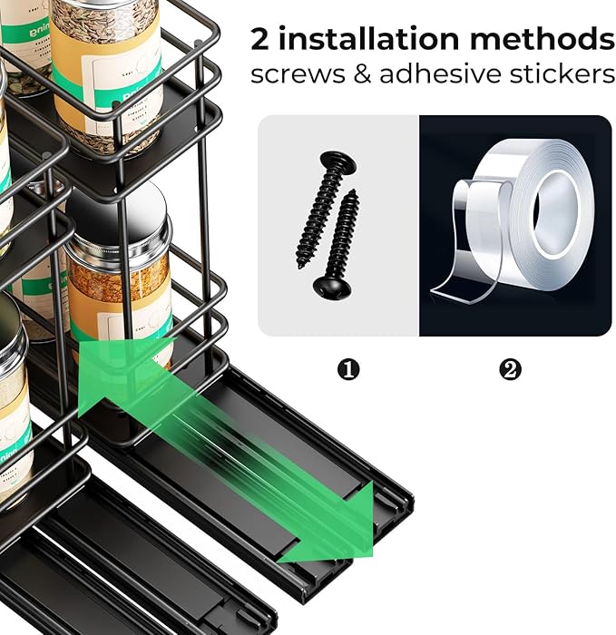 Pull Out Spice Rack Organizer for Cabinet, Slide Out Spice Racks, Easy to Install Spice Cabinet Organizers, 2.1''Wx10.35''Dx8.26''H, 2 Drawer 2 Tiers(Black)