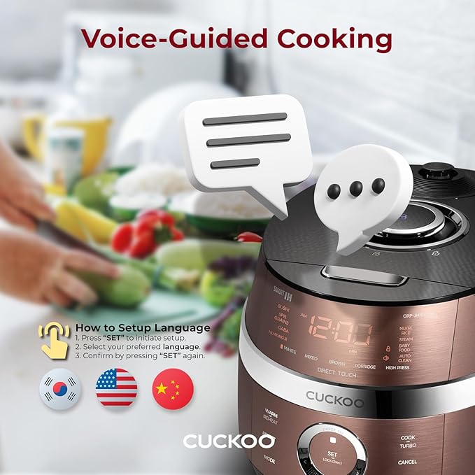 CUCKOO CRP-JHR1009F | 10-Cup (Uncooked) Induction Heating Pressure Rice Cooker | 19 Menu Options, Auto-Clean, Voice Guide, Made in Korea | Copper