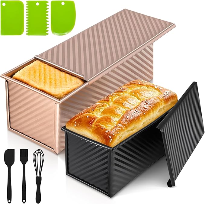 Pullman Loaf Pan Set with Lids – 2 Pack Nonstick Bread Pans for Baking, 2.2lb & 1lb Dough Capacity, Carbon Steel Sandwich Toast Mold for Shokupan, Pain de Mie & Sourdough with Baking Tools