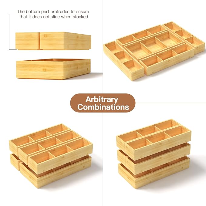 5 pieces Bamboo Drawer Organizer, Adjustable 3 Individual Junk Drawer organizer for Bathroom and Kitchen, Wood Drawer Organier Boxes for Jewellery, Make up and Tea Bag