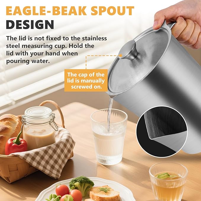 Stainless Steel Measuring Cup with Lid 2L 70 OZ, Large Mouth Graduated Beakers Metal Pitcher with Marking and Handle