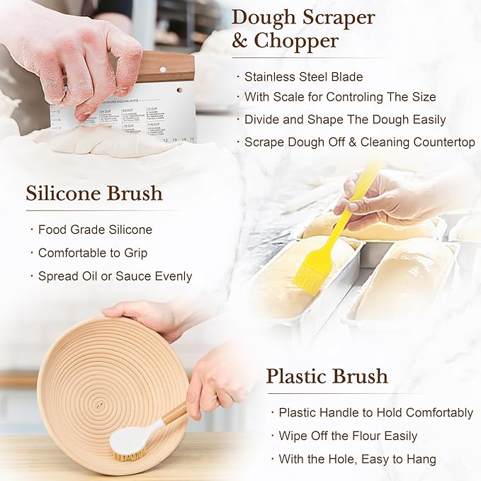 TeamFar Sourdough Bread Baking Supplies, 9” Round and 10” Oval Sourdough Starter Kit, Proofing Basket Set with Cloth Liner, Bread Lame, Whisk Dough, Bowl Scraper, Brush