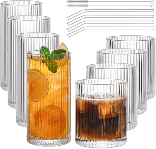 Set of 8 Vintage Ribbed Glassware,4 Highball Glasses 12 oz,4 Rocks Drinking Glasses 14 oz,Ribbed Cocktail Glass Cup,Used for Whiskey,Ice Coffee Cup,Juice,Smoothies,Mixed Drinkware