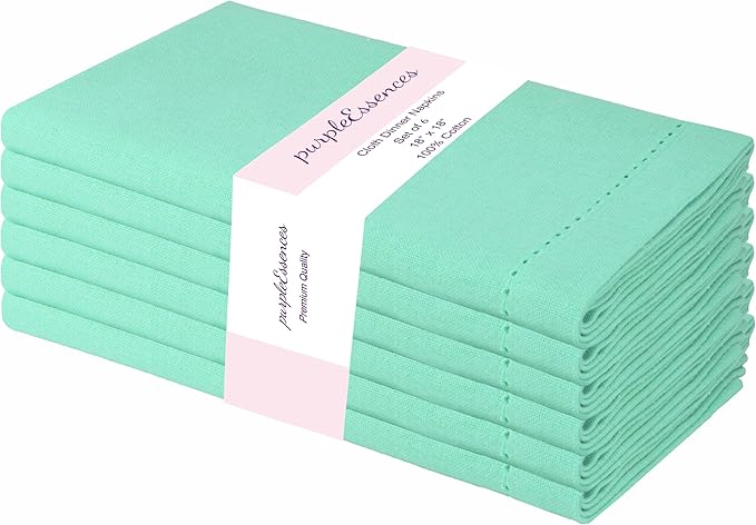 PurpleEssences Set of 6 Hemstitch Cloth Dinner Napkins 100% Cotton - Soft Durable Washable - Ideal for Wedding Christmas Holiday Winter - Perfect Everyday Use Table Linen 18x18 - Turquoise