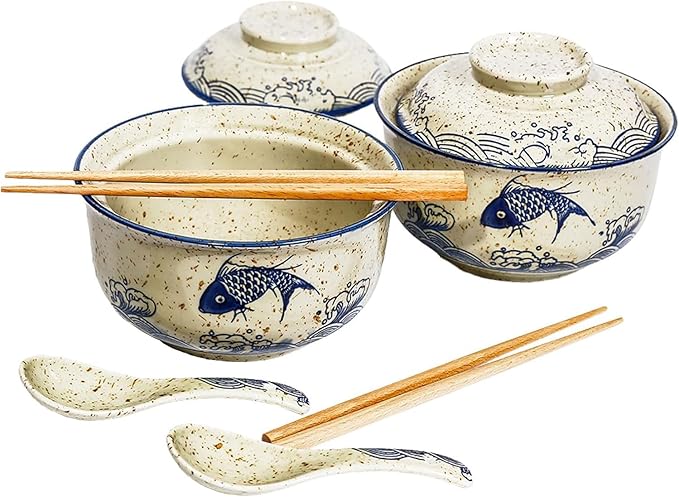 Ceramic Ramen Bowl Set, 800ml, with Lid, Spoon and Chopsticks, Japanese Vintage Large Soup Bowls Instant Noodle Bowl Asian Tableware (Fish*2)