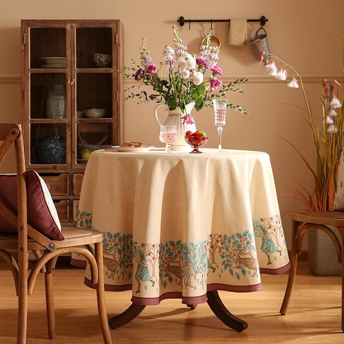 patdrea Designer Beige Tablecloth for Round Tables,Vintage Elegant French Linen with Trees and Kid Pattern Table Cloth,Farmhouse Table Cover Cloth Decor for Kitchen Dining Christmas,Diameter 55"