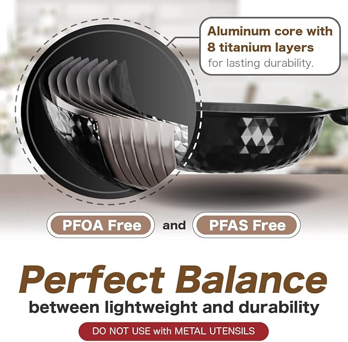 Diamond X Premium Non Stick Wok Pan with Lid - 11" Large Flat Bottom Chinese Wok - Woks & Stir-fry Pans Nonstick - Titanium-Coated 8-Layered Korean Engineered Skillet for Frying, Oil-Free, PFOA-Free