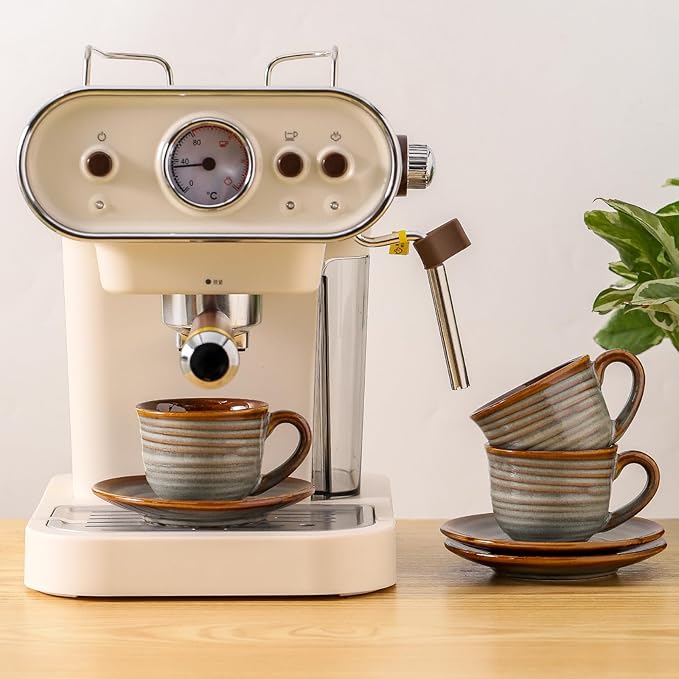 Ceramic Espresso Cups with Saucers 5 Oz,Set of 4 Porcelain Demitasse Cups Set,Small Coffee Cups with Handle for Coffee,Tea,Latte and Macchiato,Cappuccino Mugs for Kitchen and Cafe,Brown