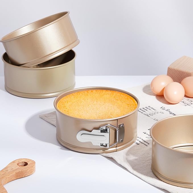 4 Pcs 6 Inch Non Stick Springform Pan with Removable Bottom Carbon Steel Round Springform Cheesecake Pan with Stainless Steel Spring Buckles for Baking Kitchens Restaurant(Champagne Gold)