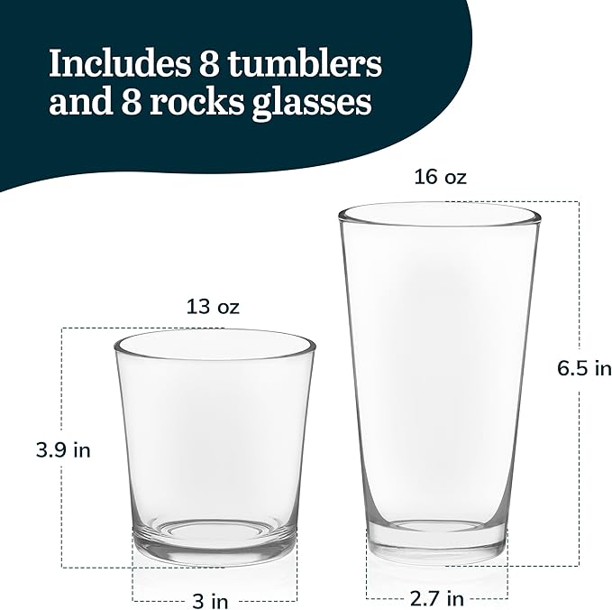 Libbey Preston Tumbler and Rocks Glasses Set, All Purpose Everyday Drinking Glasses Set of 16, Dishwasher Safe Kitchen Glassware Set