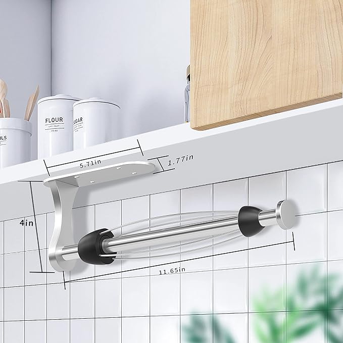Paper Towel Holder Under Cabinet, One-Handed Tear, Wall Mount, Adhesive, Silver, Paper Roll Holder with Ratchet Mechanism for Kitchen Bathroom Farmhouse Essentials Decor Accessories