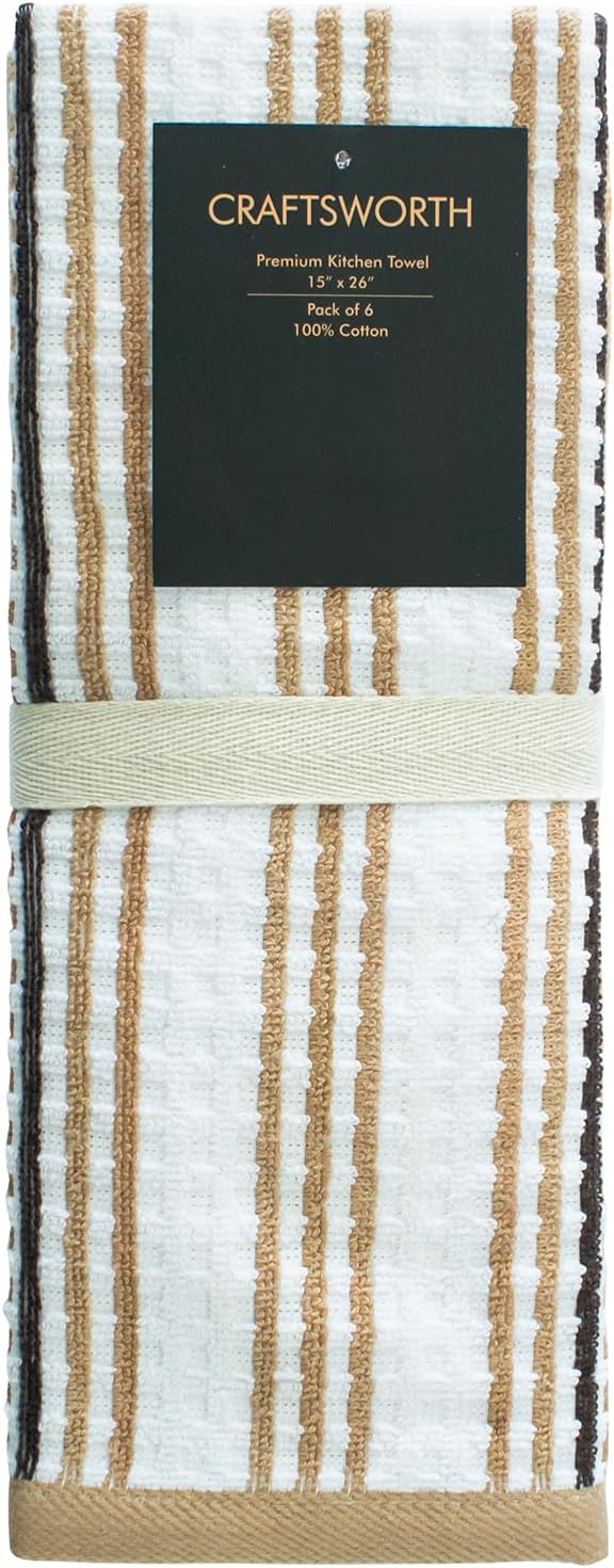 CRAFTSWORTH Kitchen Towels, 15x26 Inches, Pack of 6, 400 GSM, 100% Ring Spun Cotton, Tan Solid & Stripe, Super Soft & Absorbent